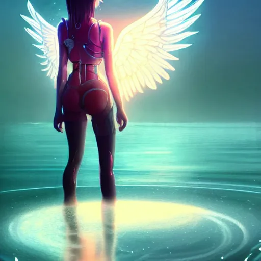 Prompt: beautiful young asian woman as a beautiful cyborg - angel girl standing on a lake, rainfall, biomechanical details, digital cyberpunk anime art, full body shot, reflections, lens flare, wlop, ilya kuvshinov, artgerm, krenz cushart, greg rutkowski