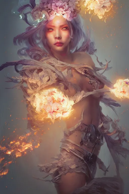 Image similar to beautiful girl necromancer, witch - doctor exploding into flowers, angels, 3 d render, hyper - realistic detailed portrait, holding fire and electricity, ruan jia, wlop. scifi, fantasy, magic the gathering, hyper detailed, octane render, concept art, peter mohrbacher