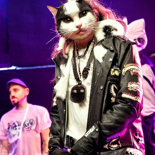 Prompt: post Malone dressing up as a cat girl, photograph on stage