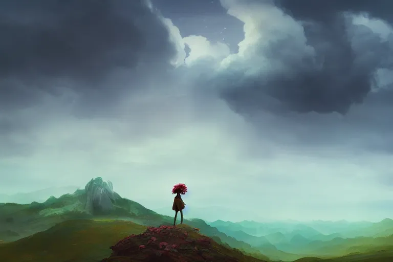 Image similar to face covered giant dahlia flower, girl on mountain, surreal photography, blue storm clouds, dramatic light, impressionist painting, digital painting, artstation, simon stalenhag