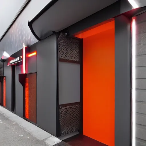 Prompt: Award winning shopfront design, convenience store, dark grey, anthracite with bright red and orange accents, perforated metal, paint, laser cut textures, highly detailed, bright signage, vinyl on glazing, retaildesignblog.net, pinterest, coroflot, behance.net, trending, best of