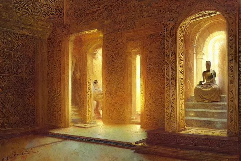 Image similar to mausoleum, buddhism, maze, painting by gaston bussiere, greg rutkowski