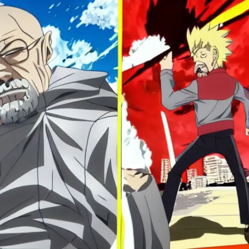 Image similar to an epic anime fight scene, walter white vs. gustabo.