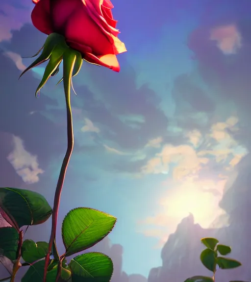 Image similar to highly detailed macro shot of a rose, unreal engine, loish, rhads, makoto shinkai and tom bagshaw, reflective global illumination, god rays, detailed and intricate environment