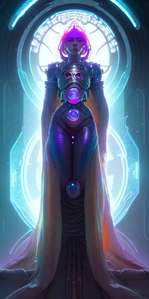 Image similar to ultra detailed female android deity, wearing a cloak, ethereal flowerpunk, scifi, fantasy, cyberpunk octane render, unreal engine, asymmetrical!!! intricate concept art, triadic color, art by artgerm and greg rutkowski and alphonse mucha, 8 k