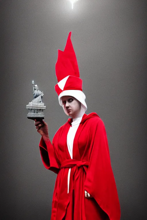 Image similar to award winning photo of the Statue of Liberty wearing Handmaid's Tale Costume, red robe, white bonnet, dramatic, cinematic lighting, 4k