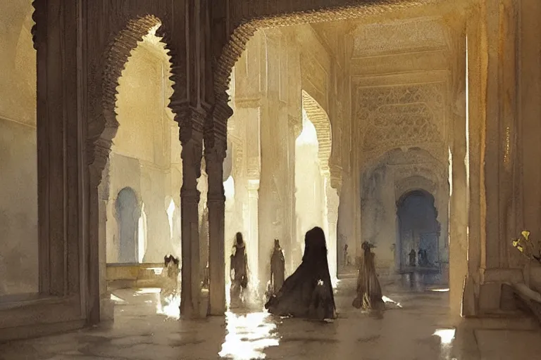 Prompt: abstract watercolor painting of alhambra interior, white stone, magical and traditional, cinematic light, sharp shadows, daylight, national romanticism by anders zorn, by greg rutkowski, by greg manchess