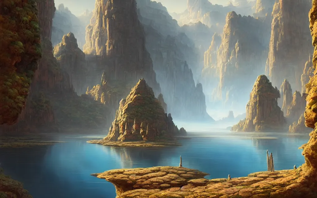 Image similar to a beautiful highly detailed matte painting of an alien planet with giant lotus with a lake surrounded by a canyon and rocks. by albrecht anker concept art