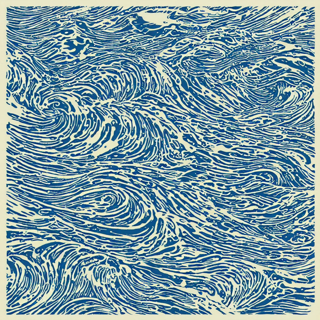 Prompt: optical illusion woodblock print, crashing waves stamp pattern