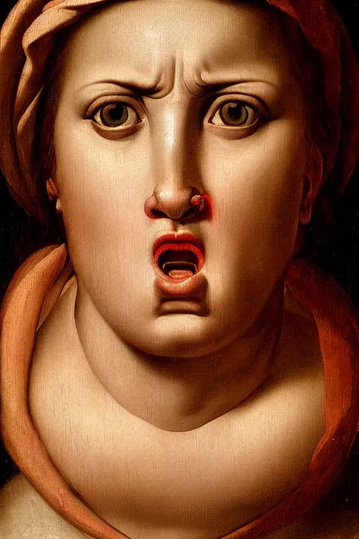 Image similar to renaissance painting of woman, angry face, emotions closeup, angry lips, angry eyes, dressed in roman clothes, ultra detailed, made in bronze, art by Guido Reni style, Vincenzo Catena style