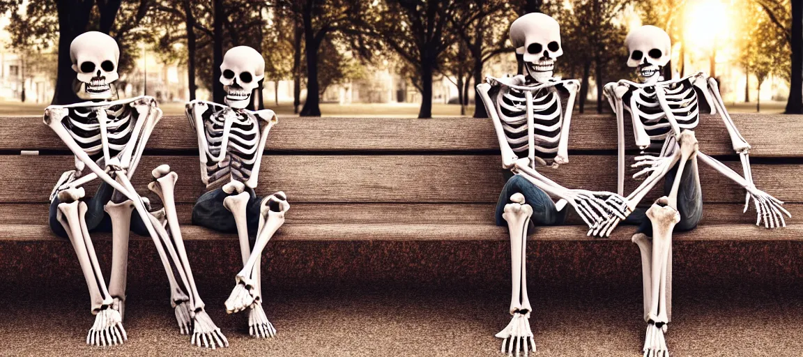 Prompt: front view portrait of two! romantic human skeletons! sitting on a park bench, tenderly holding their hands, partially covered with dust, cinematic lighting, late afternoon, photorealistic image