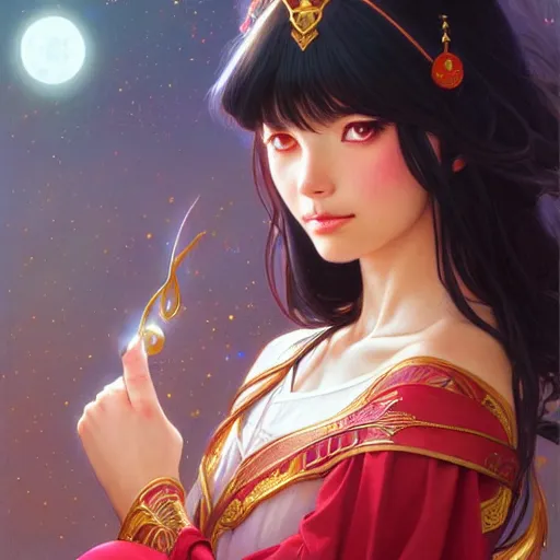 Image similar to a beautiful princess, long dark hair and bangs, sailor mars aesthetic, fantasy, intricate, elegant, highly detailed, digital painting, artstation, concept art, matte, sharp focus, illustration, art by Artgerm and Greg Rutkowski and Alphonse Mucha