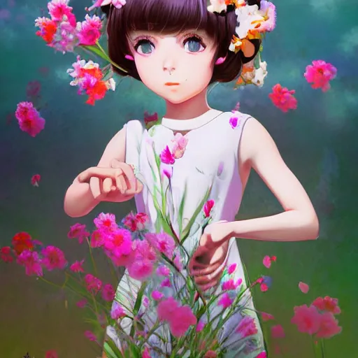 Prompt: little girl with flowers in hair wearing an white dress, art by ilya kuvshinov, profile picture, inspired in hirohiko araki, realistic, highly detailed, 8 0 s anime art style