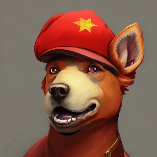 Prompt: Portrait painting of a antropormophic Red Dog using a communist red beret as an Overwatch character, medium shot, asymmetrical, profile picture, Organic Painting, sunny day, Matte Painting, bold shapes, hard edges, street art, trending on artstation, by Huang Guangjian and Gil Elvgren and Sachin Teng