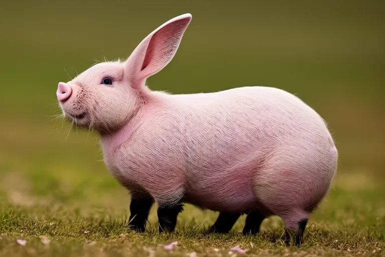 Image similar to a bunny pig!!! hybrid! hyper realistic!! realistic lighting!! wildlife photographer of the year!!! bold natural colors, national geographic, hd, wide angle, 8 k