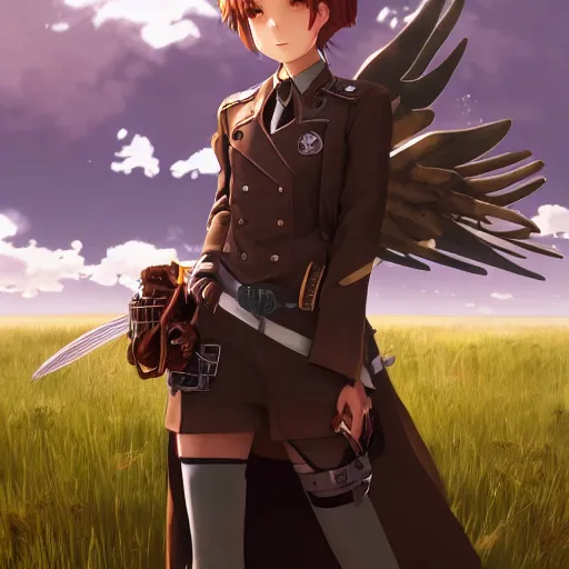 Prompt: girl with a steampunk uniform and weapons and metal wings, serious, extremely detailed, made by wlop and studio ghibli, cinematic lighting, full body portrait, illustration, grass, sunny, clouds, sky, anime,