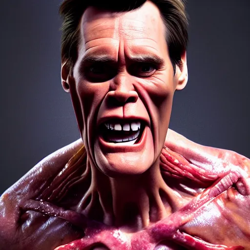 Image similar to jim carrey is fused into a meat stick, hyperdetailed, artstation, cgsociety, 8 k