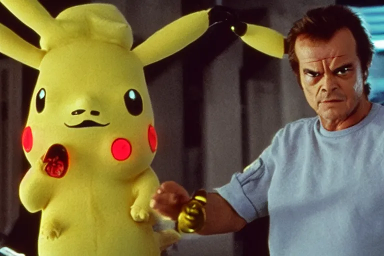Image similar to Jack Nicholson plays Terminator Pikachu, scene where his inner exoskeleton is visible and his eye glows red, still from the film