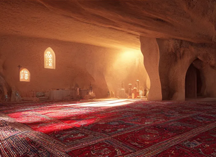 Image similar to a mosque inside a cave, red prayer rug, holy by caspar david friedrich by james gilleard and justin gerard, artstation, smooth, sharp focus, by jean baptiste, octane render