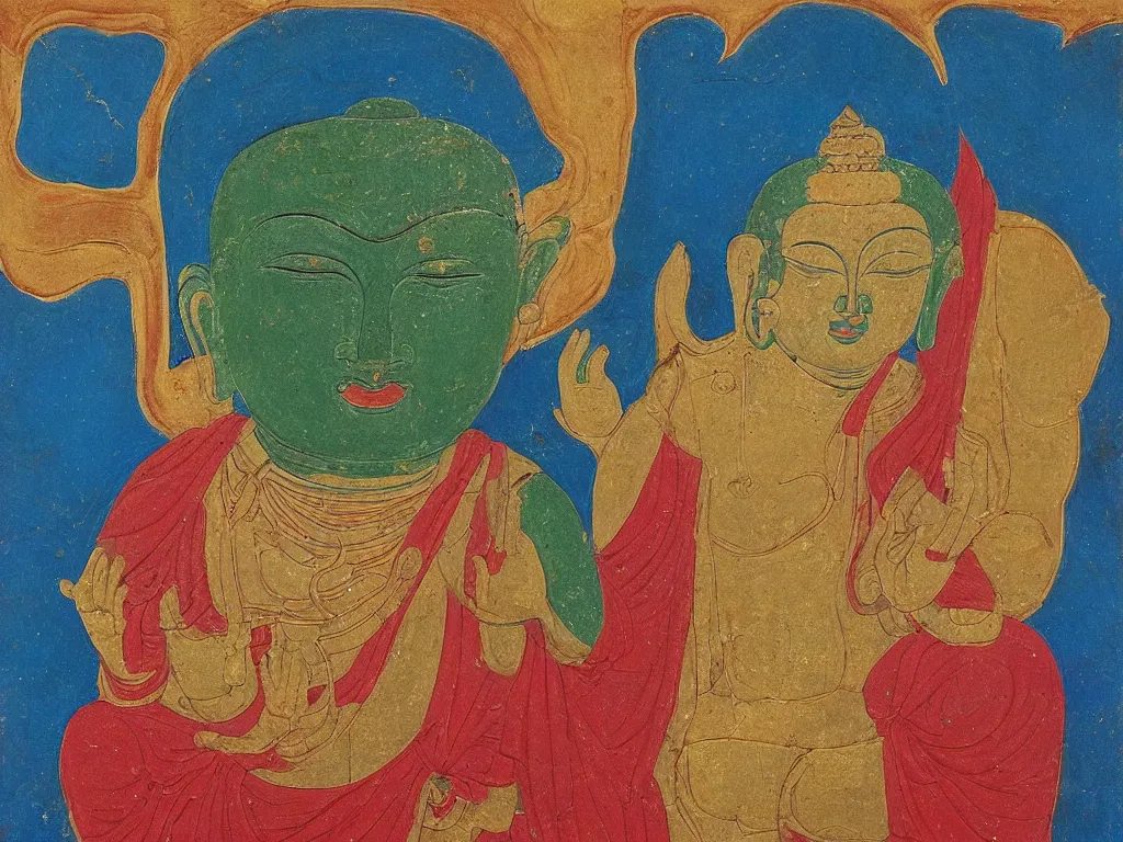 Prompt: portrait of the buddha with a bull. lapis lazuli, malachite, cinnabar, gold. minoan painting