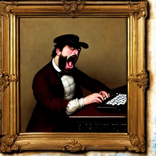 Image similar to an angry man yells at his computer monitor, oil on canvas, 1 8 8 3, highly detailed