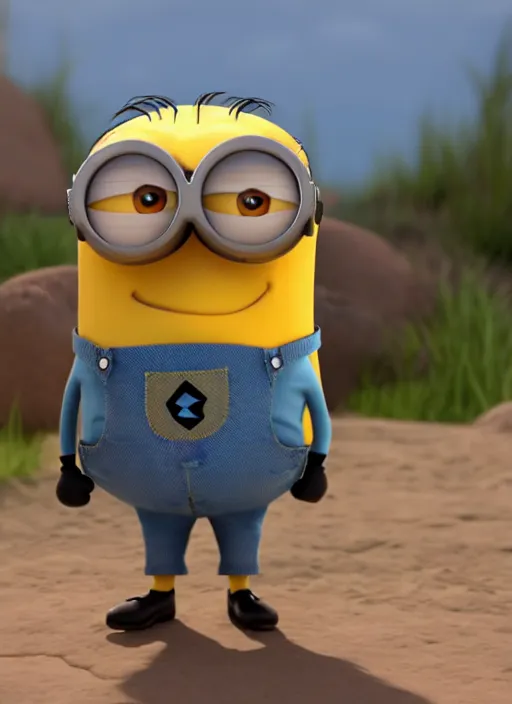 Image similar to king minion bob standing on a rock win posing in pixar style, smooth render, unreal engine 5, high - quality