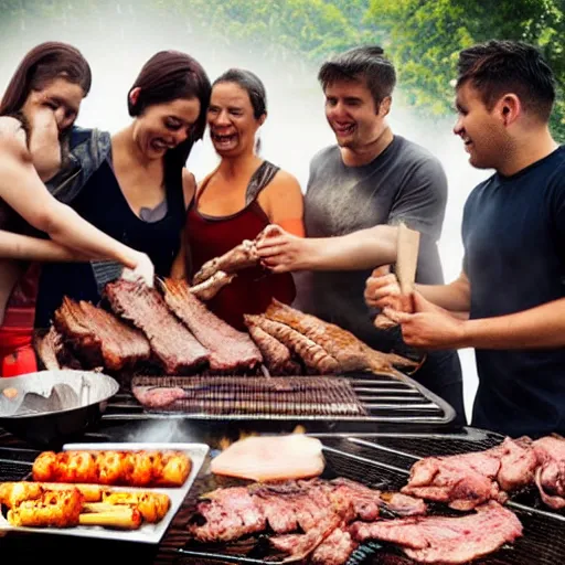 Image similar to photo of people doing bbq under heavy rain, ultra realistic face detailed eyes