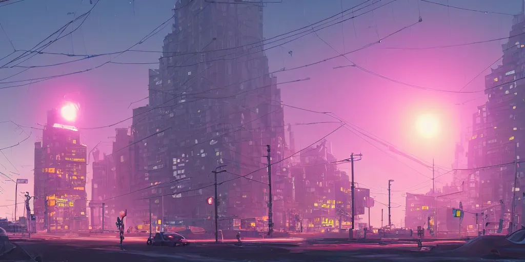 Image similar to city, building, cars, neon lights, dystopia, park tree, people, happy town, close view of street, fish eye view lens , by Goro Fujita and Simon Stalenhag , 8k, trending on artstation, hyper detailed, cinematic