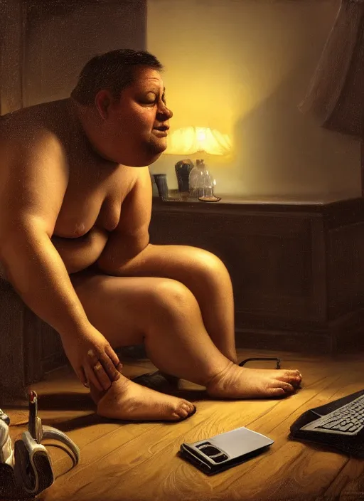 Image similar to insanely detailed chiaroscuro image of a exhausted - looking slightly overweight casually - dressed programmer guy on his knees facing his glowing ultrawide computer monitor monitor begging it for forgiveness, oil on canvas, masterwork, fine detail, trending on artstation, emotive, insanely compelling, ryden, koons, moebius