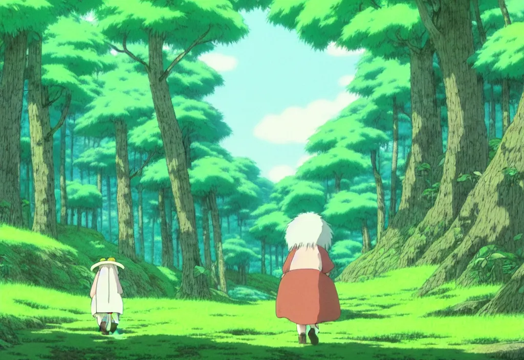 Image similar to Mumintroll walking through the forest, side view, art by hayao miyazaki, studio ghibli film, 4k, hi res, high detail