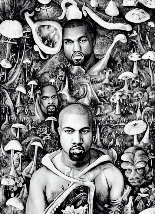 Image similar to portrait of kanye west stars in the sky fairies with detailed faces enchanted forest mushrooms on the ground psychedelic wide angle shot white background vector art illustration gears of war by hieronymus bosch and frank frazetta