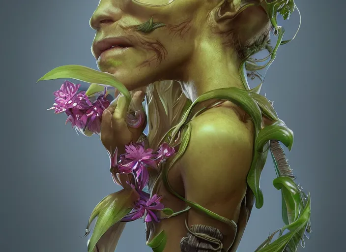 Image similar to Fantasy Alrune androgynous plant humanoid with flowers in hair plant body pitcher plant by Larry Elmore and Ilya Kushvikov, symmetrical face concept art, octane render unreal engine meta humans, artstation