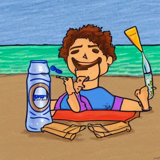 Image similar to a detailed drawing of a happy person who smoked too much weed, sunny day at the beach. pizza and pepsi at his side, joint still lit.