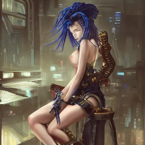 Image similar to a painting of a woman sitting on a stool, cyberpunk art by masamune shirow, pixiv contest winner, fantasy art, steampunk, enchanting, detailed painting, storybook illustration