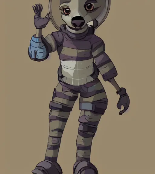 Image similar to digital detailed full body of anthromorphic female hyena, in style of zootopia, fursona, furry, furaffinity, 4 k, deviantart, wearing astronaut outfit, in style of zootopia, floating in space, space background, in deep space, dark background, hyena fursona, cyberpunk, female, stylized face,