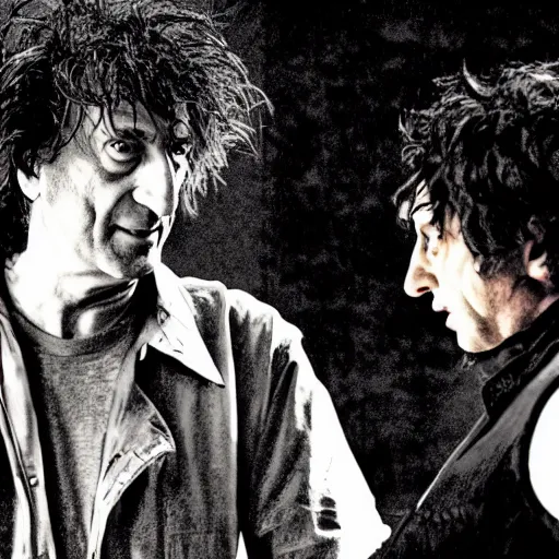 Image similar to a dramatic photograph of neil gaiman having a conversation with dream from the sandman in a fantasy world, dramatic lighting, filmic, cinematographic, sci - fi