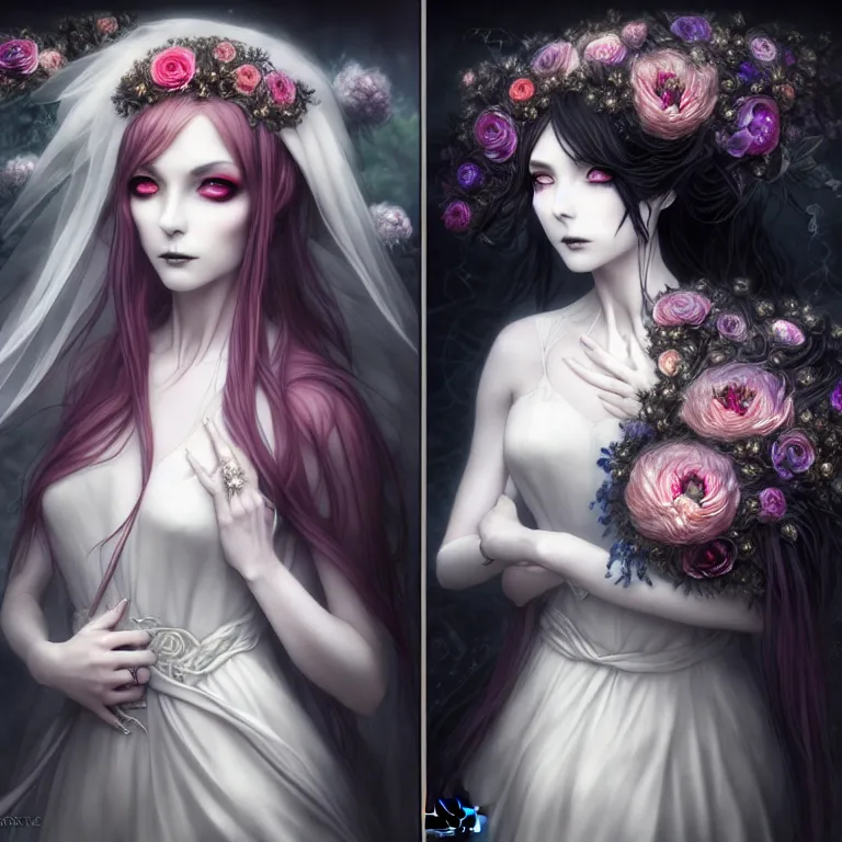 Prompt: stunning anime bride and groom hybrid of the floral river flowers, beautiful gothic dress in a dark romance, misty, by cgsociety, in the style of charlie bowater, tom bagshaw, intricate, beautiful, artstation 8 k, high resolutionsparkling atom fractals of jewls cords, by alex grey and hr giger