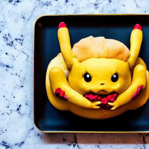 Image similar to roast pikachu on a platter, michelin star restaurant, award winning food photography, macro lens