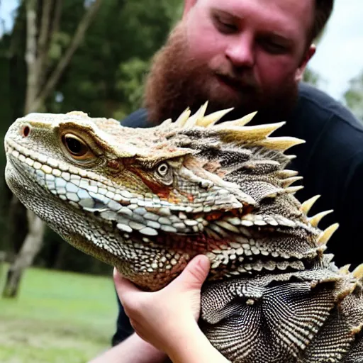 Image similar to a giant bearded dragon hanging out with blonde hair women