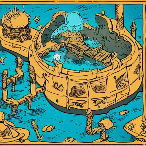 Prompt: treasure map adventures : : 1, large pirate ship, mike mignola style, comics, beautiful composition, wide angle, colorful, cinematic, volumetric lighting, intricate details