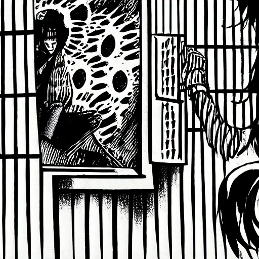 Image similar to close-up scene neighbor drilling grid holes in a room, manga, black and white manga horror in style of junji ito, kentaro miura