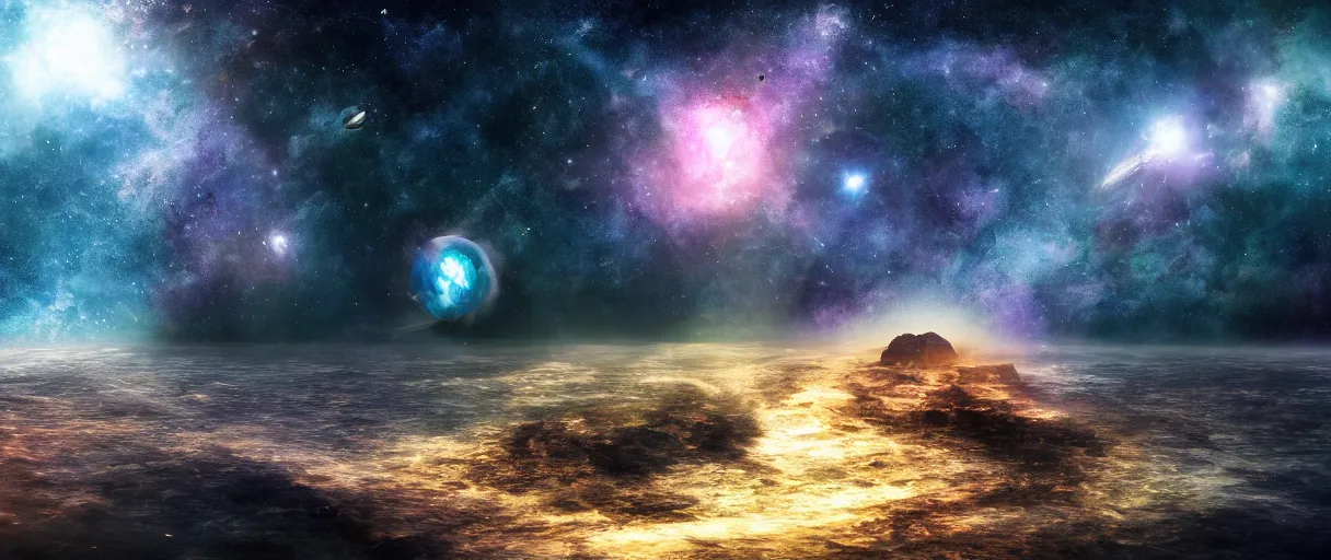 Image similar to a small lone crumbling island, center of image, floating in space, debris, planets, stars, nebula, studio, digital art, detailed, depth of field