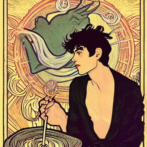 Prompt: tarot card of young cute handsome beautiful dark medium wavy hair man in his 2 0 s named shadow taehyung and cute handsome beautiful min - jun together at the halloween party, bubbling cauldron, candles, smoke, autumn colors, elegant, stylized, soft facial features, delicate facial features, art by alphonse mucha, vincent van gogh, egon schiele