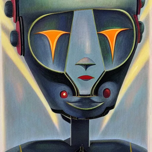 Image similar to the robot wearing her human mask, by kit williams and diego rivera, symbolist, dramatic lighting, elaborate geometric ornament, art brut, god rays, soft cool colors, smooth, sharp focus, extremely detailed