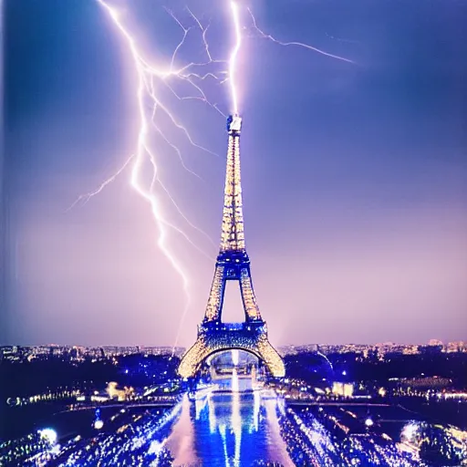 Prompt: a photograph of a lightning striking the eiffel tower, blue sparkles all around, taken on medium format film, hyperrealistic, very detailed