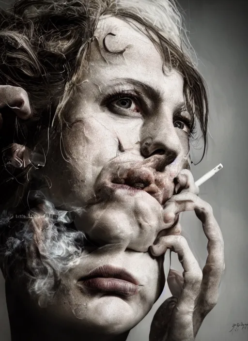 Prompt: expressive potrait photo of sad tired woman smoking, glamour shot, by jenny saville, by stefan gesell, photorealistic, canon r 3, fashion photography, hyper maximalist, elegant, ornate, luxury, elite, environmental portrait, symmetrical features, octane render, unreal engine, solid dark grey background, dramatic lights