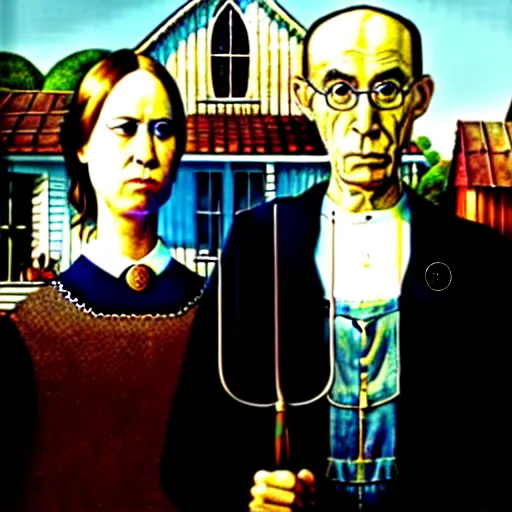 Image similar to american gothic replaced with horses, by grant wood