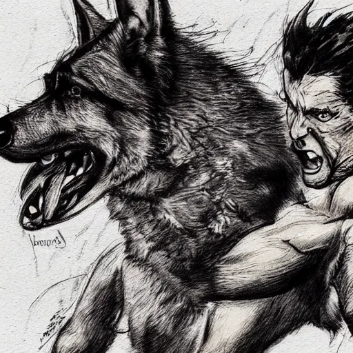 Image similar to a humanoid german shepherd beast - man wrestling with another german shepherd in the middle of an arena, pencil art, added detail, high definiton, colored, aerial viewyoji shinkawa