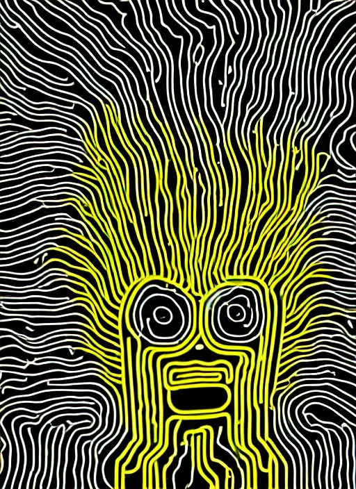 Prompt: highly detailed closeup portrait of wasteland long glowing yellow and white plasma hair tribal lady, stray electric spark wiring by jean jullien, 4 k resolution, gradient yellow, black and white color scheme!!! ( ( lightning robotic city background ) )