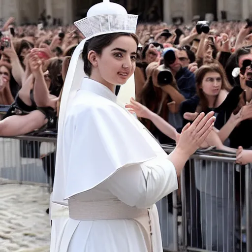 Image similar to A new pope is elected and it is Ana de Armas. She wears the Pope dress and greet the faithful in Piazza San Pietro from the Popemobile